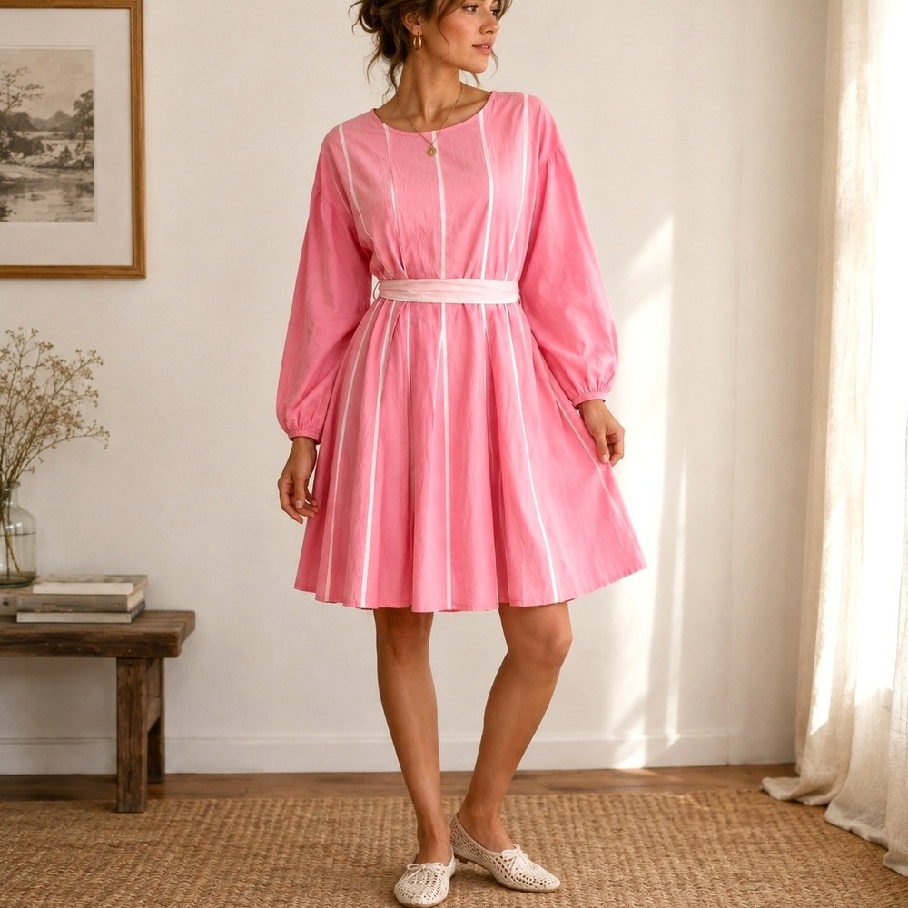 Pink Stripe Mini Dress Balloon Sleeve Tie Waist Bow Cottagecore Coquette Small